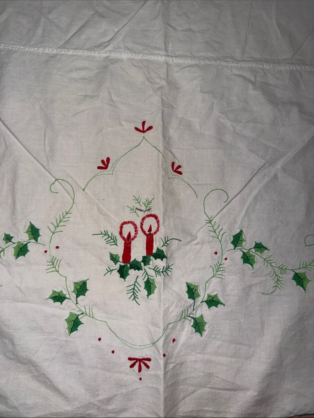 Hand-Embroidered Holiday Candle Table Linen - Red & Green 64 inch